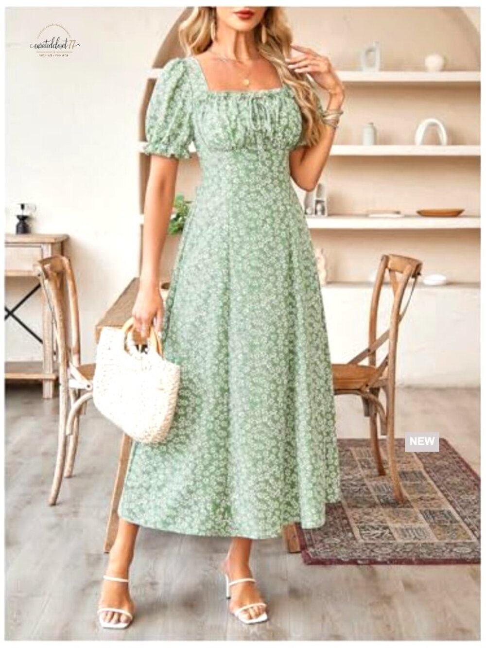 Size S Flowy Maxi Dress Ruched Bust Puff Sleeve Summer Wedding Guest - Picture 4 of 6